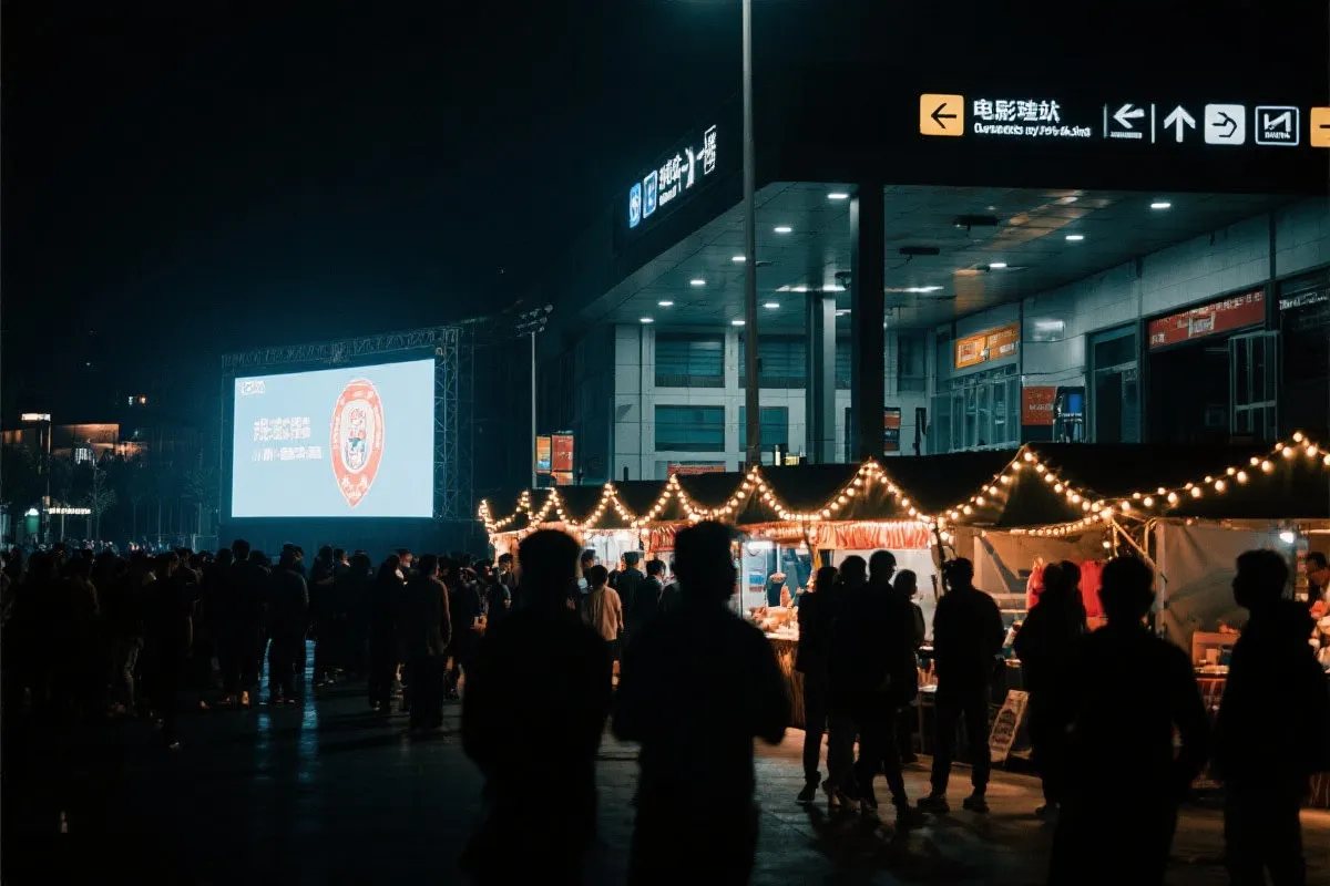 费城球迷广场夜景：大屏观赛人群、步行指示牌与公共交通入口